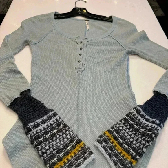 Free People Womens Newbie Ski Lodge Knit Cuff Thermal Henley Top Sz SP Lake Blue - Picture 6 of 11
